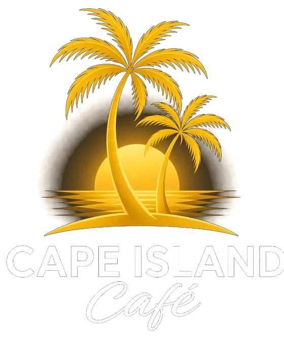 Cape Island Café logo: two palm trees and a setting sun