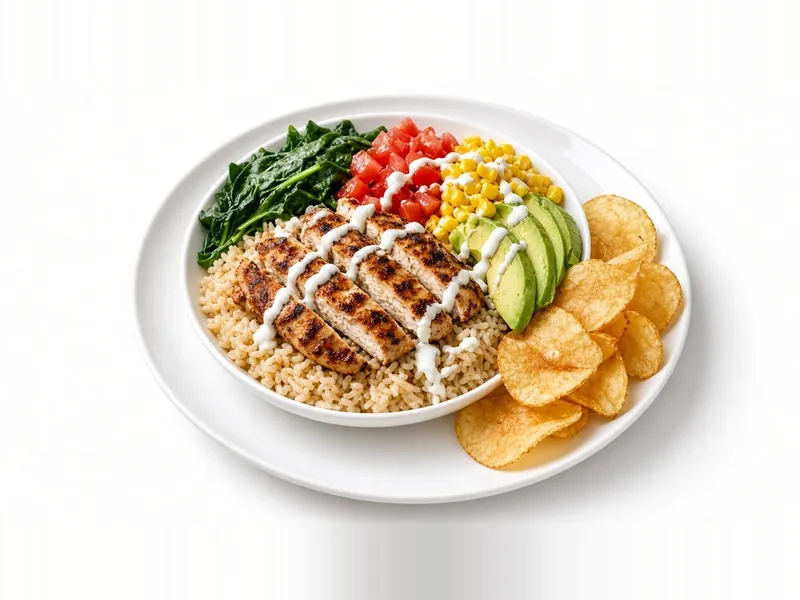 Build your own lunch plate with grilled chicken, rice, vegetables and chips