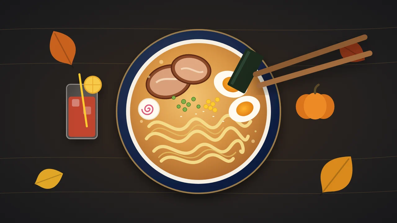 Illustration of a steaming bowl of ramen with noodles, egg and sliced pork, a house-made drink, and autumn leaves